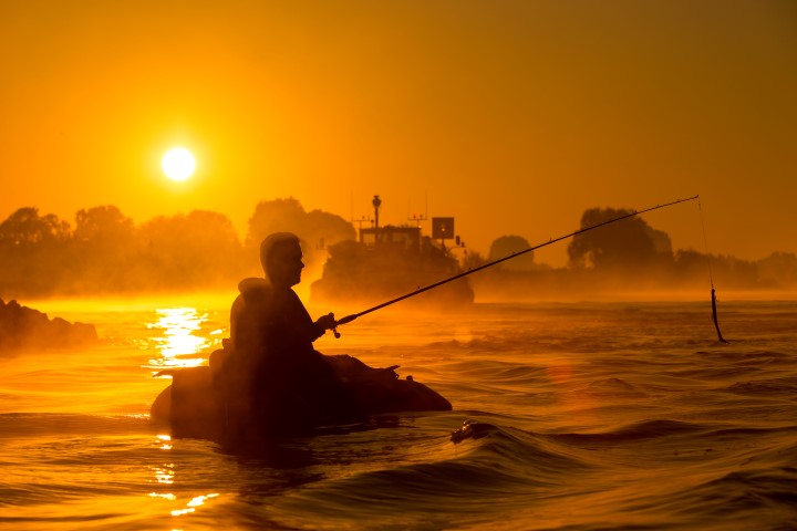 Belly boat fishing on a big river